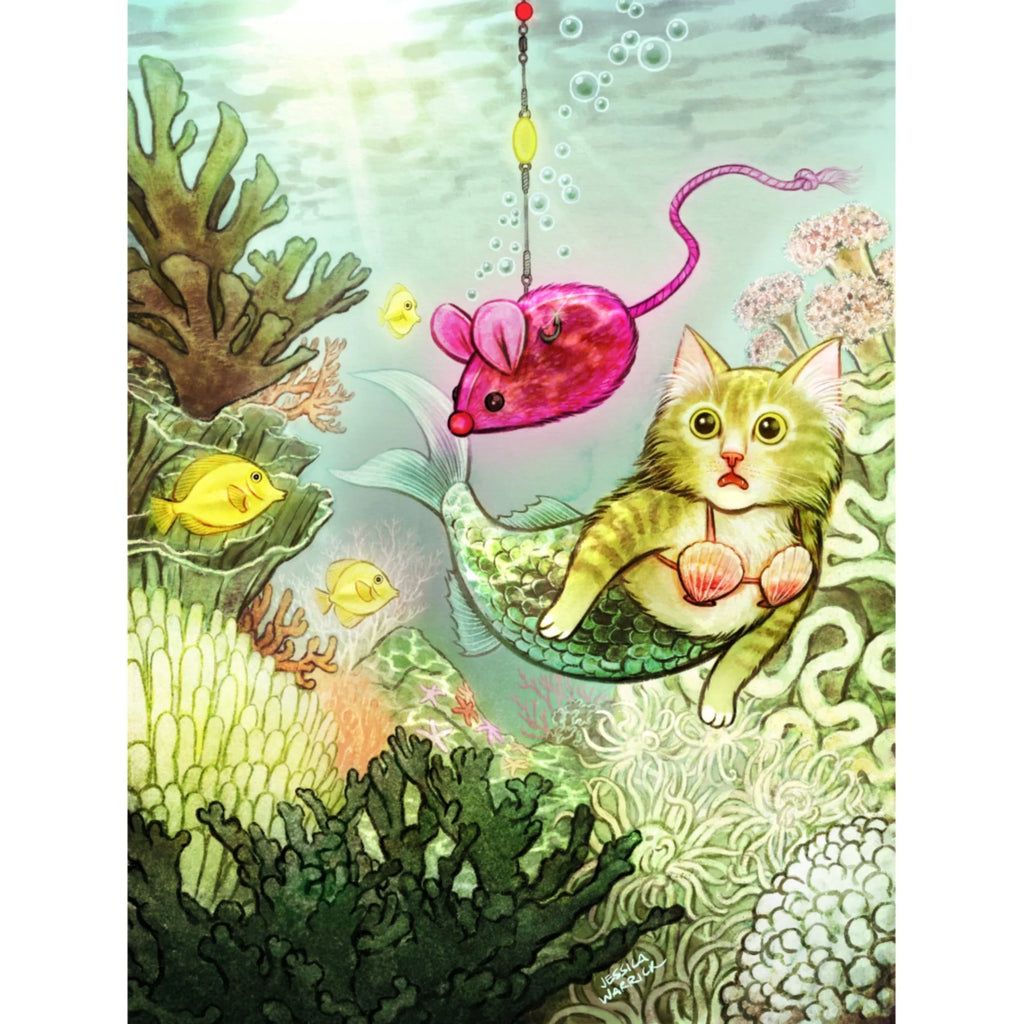 Illustration of a cat in an underwater scene with a pink mouse on a fishing line.