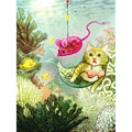 Illustration of a cat in an underwater scene with a pink mouse on a fishing line.
