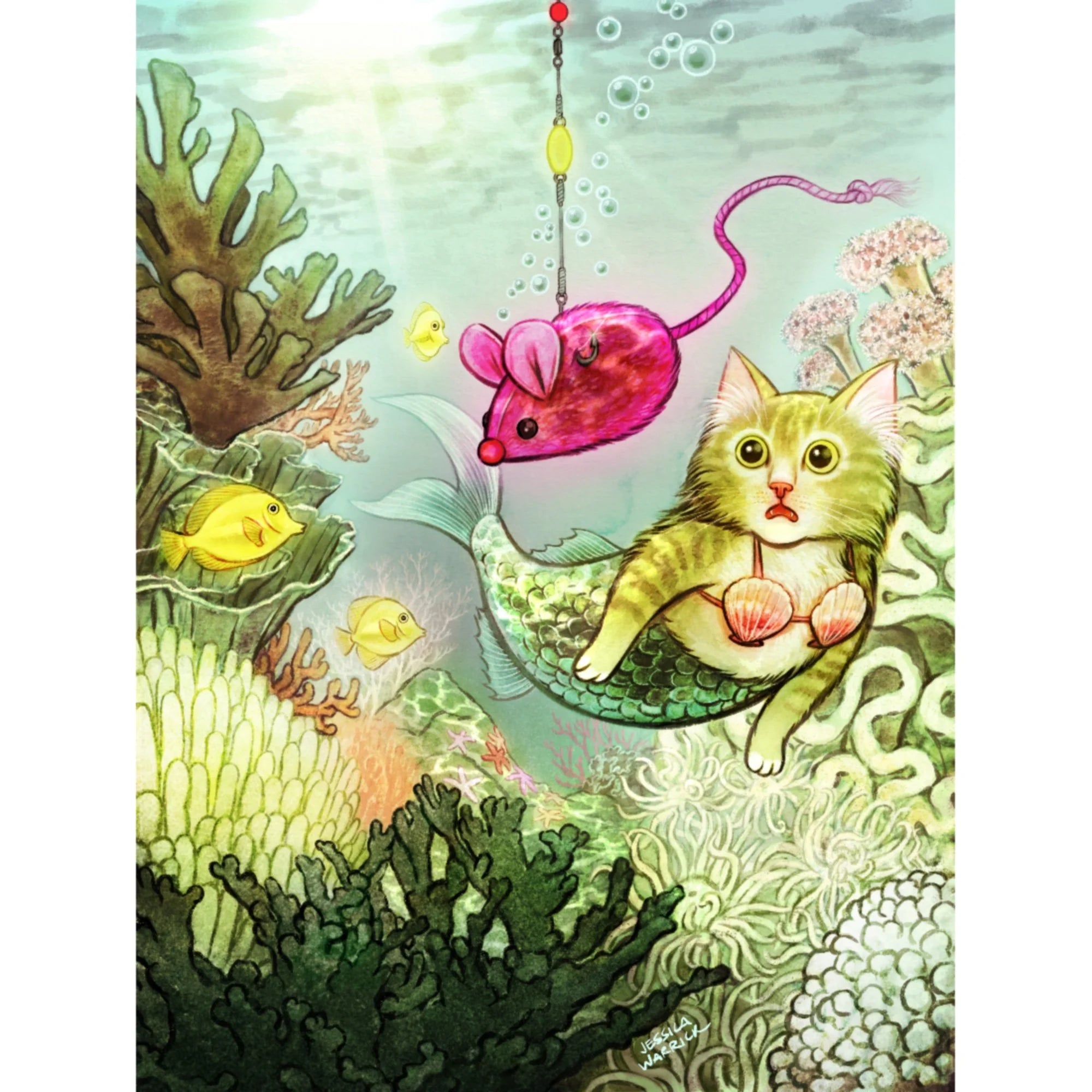 Illustration of a cat in an underwater scene with a pink mouse on a fishing line.