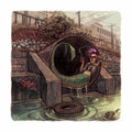 Illustration of a punk mermaid smoking inside an industrial drain pipe in an urban setting