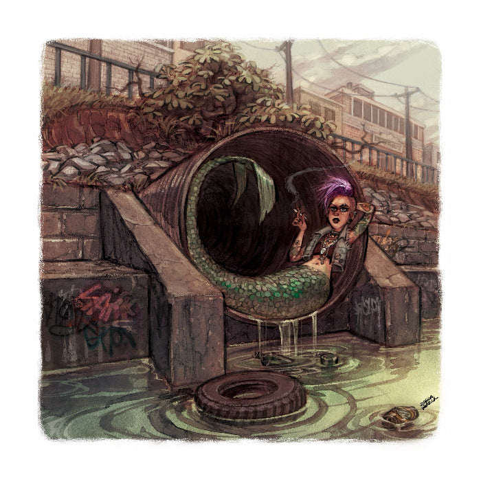 Illustration of a punk mermaid smoking inside an industrial drain pipe in an urban setting