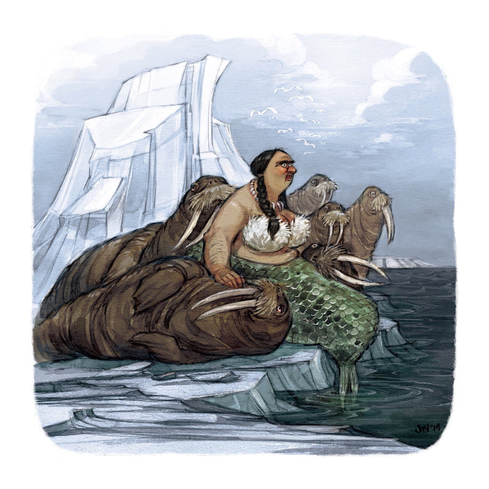 Illustration of a full figured mermaid surrounded by walruses with an iceberg in the background.